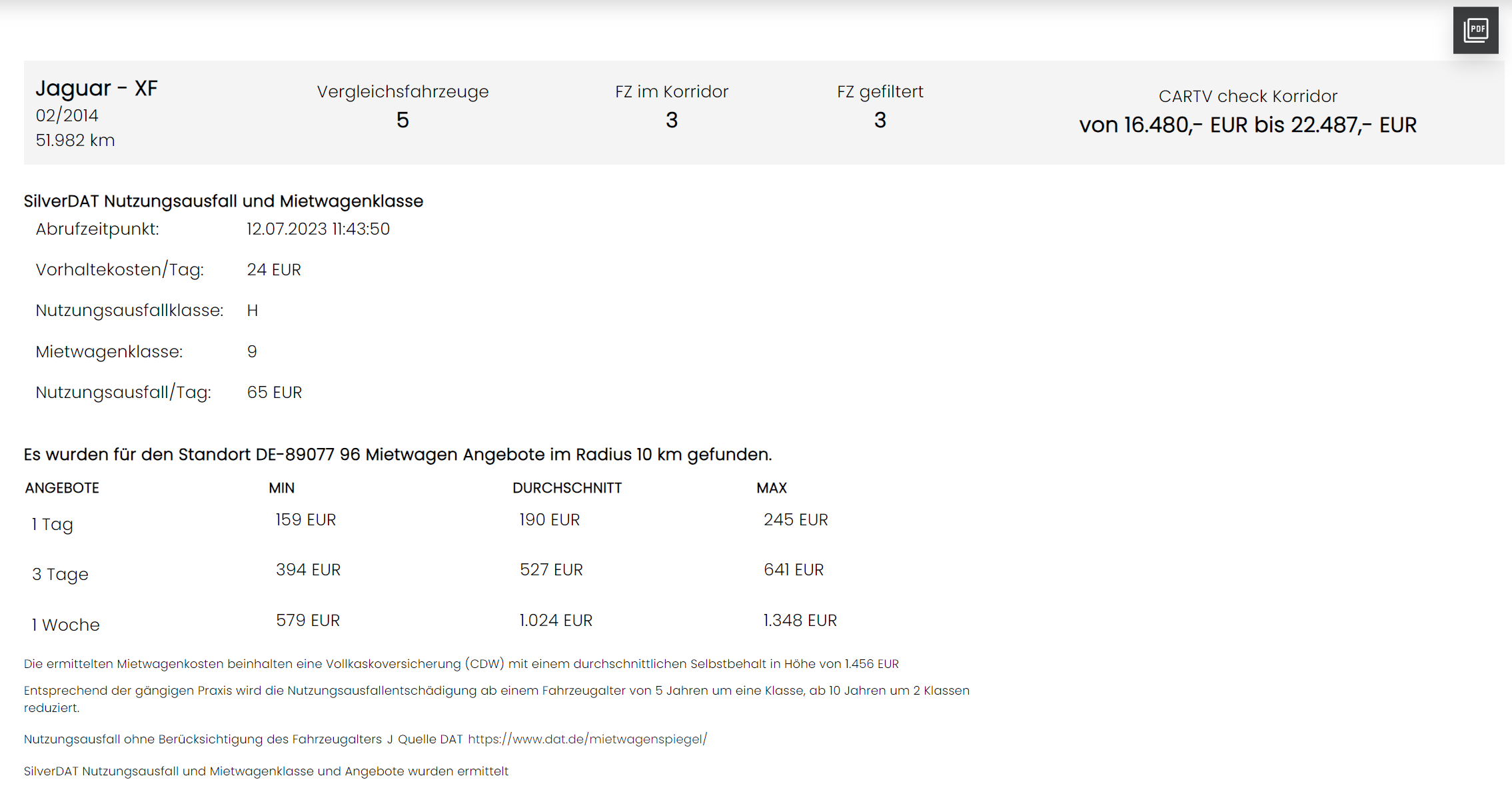 Nutzungsausfall über CARTV check ermitteln autoiXpert KfzGutachten Software Helpcenter