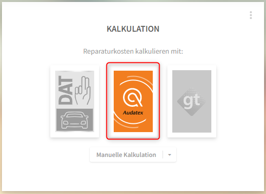 Bereich Kalkulation in autoiXpert mit den Kacheln DAT, Audatex Qapter und GT Motive, Audatex Qapter ist ausgewählt