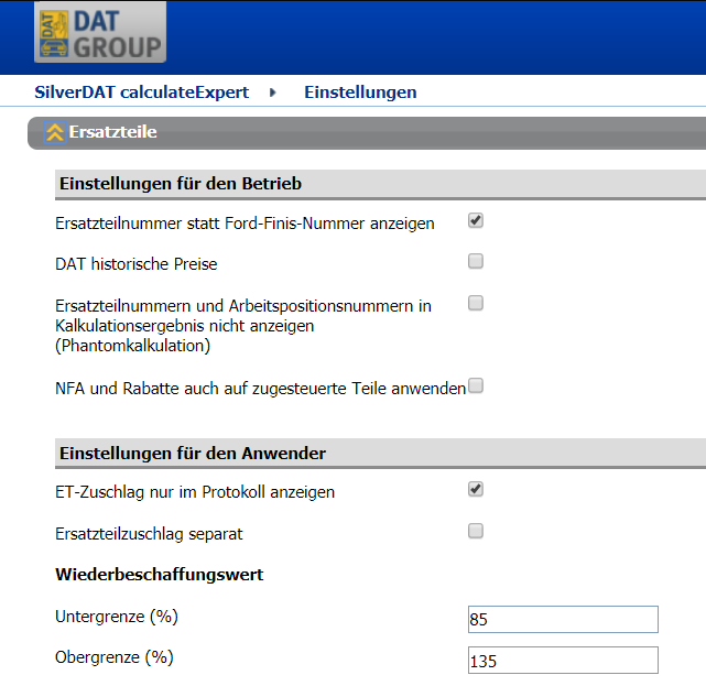 Empfohlene Einstellungen In DAT CalculateExpert – AutoiXpert Kfz ...