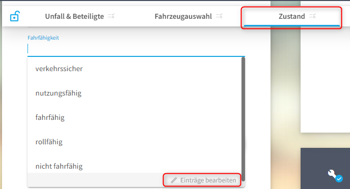 Dropdown-Werte öffnen über Einträge bearbeiten im Bereich Zustand
