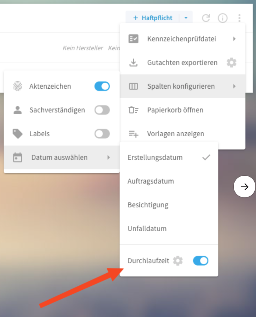 Untermenü Datum auswählen mit dem Zahnrad-Symbol neben dem Schieberegler Durchlaufzeit