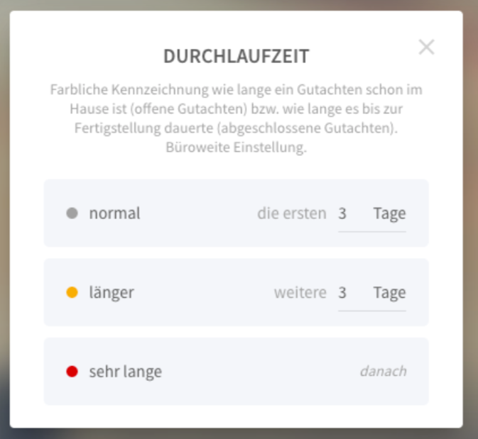 Fenster Durchlaufzeit mit den drei Stufen normal, länger und sehr lange