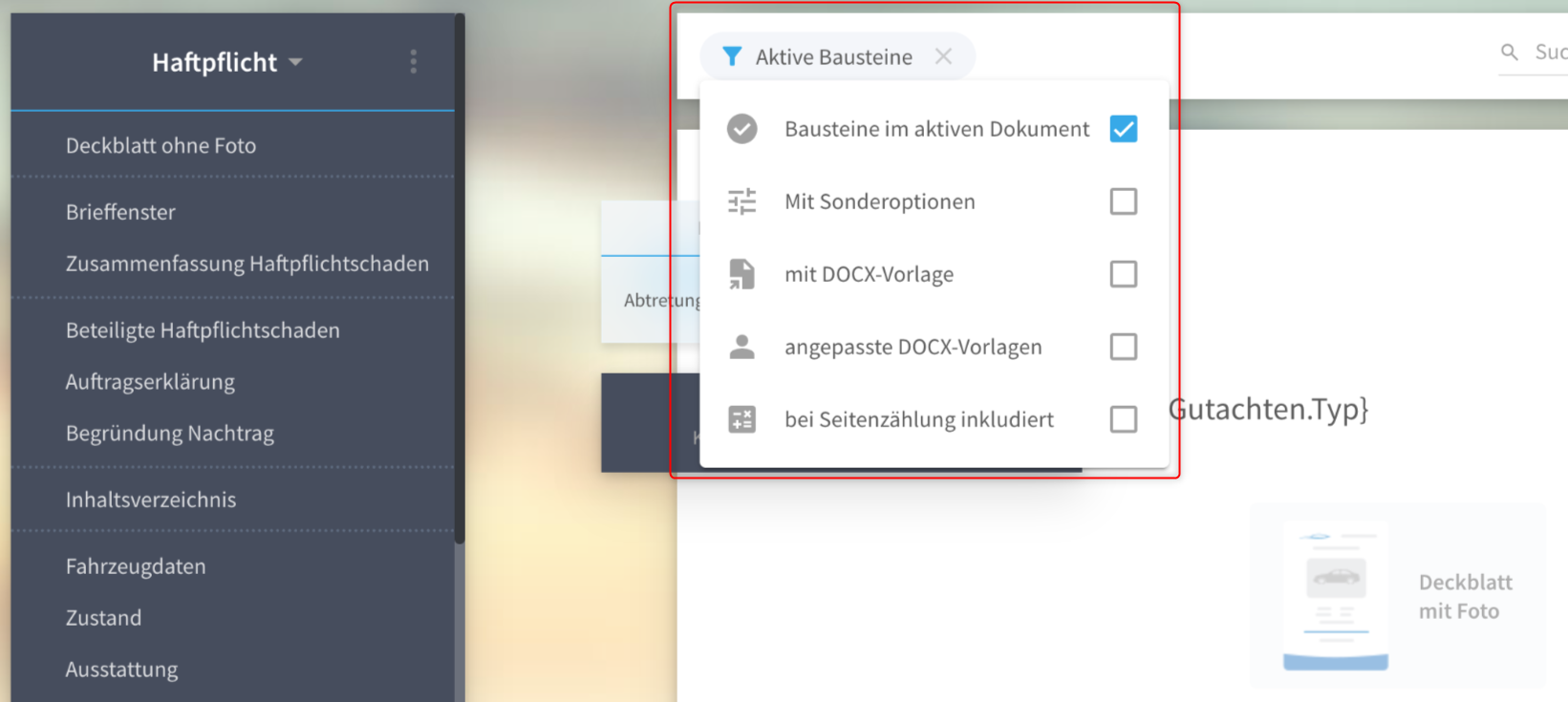 Geöffnetes Filtermenü der Textbausteinverwaltung mit 5 Filtern