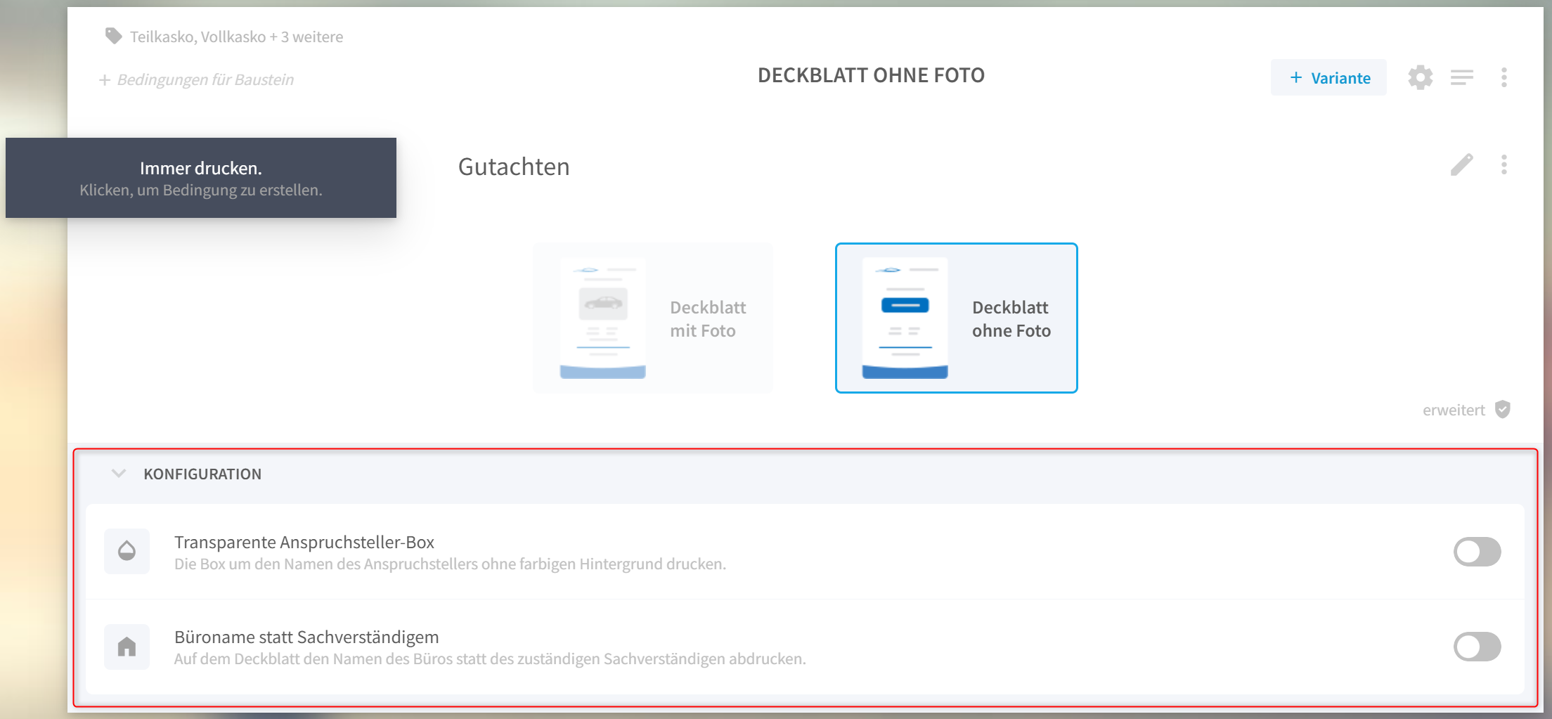 Textbaustein Deckblatt ohne Foto mit aufgeklapptem Bereich Konfiguration