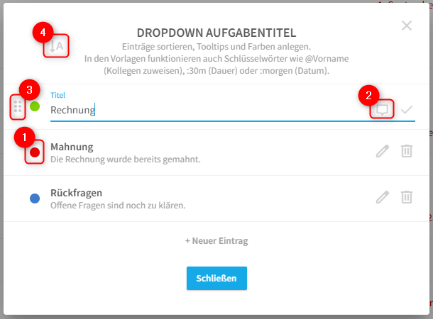 Aufgabenvorlagen anlegen, Reihenfolge festlegen, Tooltip hinzufügen, Farben definieren